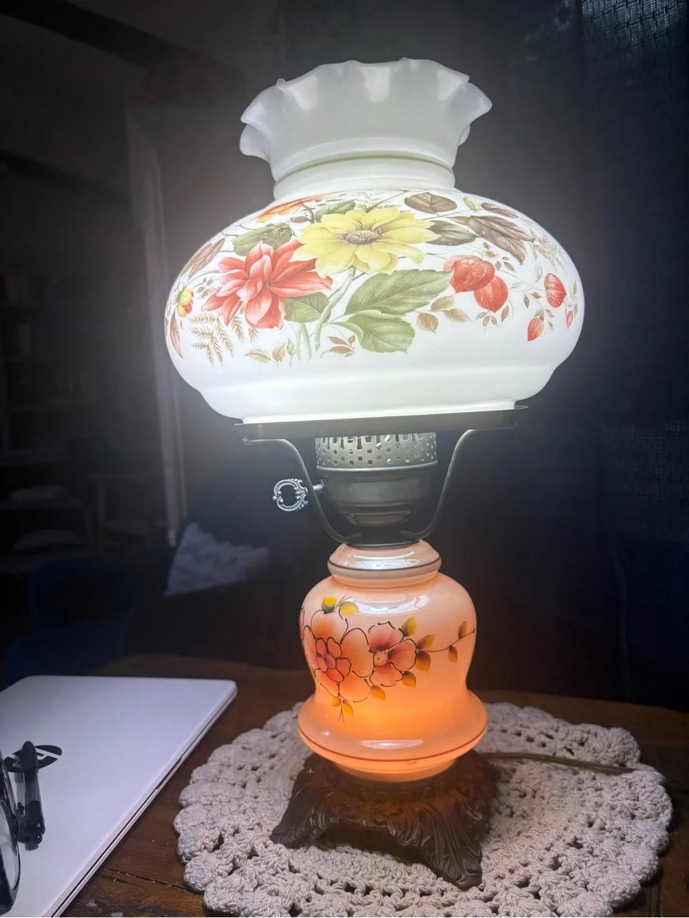 Floral Glass Hurricane Table Lamp - White with Multicolor Flowers